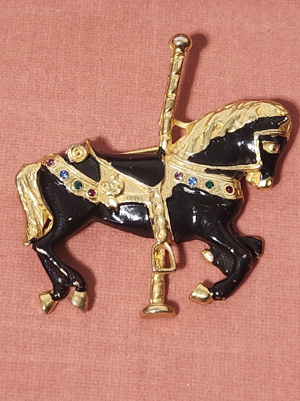 Black and Gold Carousel Horse Brooch with Multi-Colored Accents